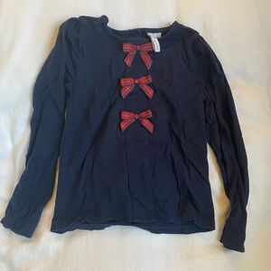 Janie and Jack navy blue long sleeve shirt with tartan bows, size 7